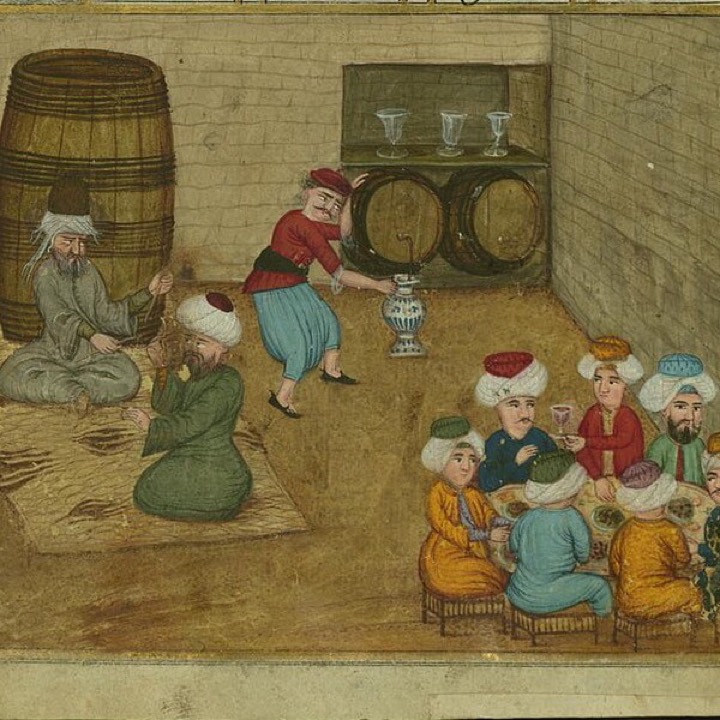 An Ottoman miniature of a tavern, with wine barrels and seated drinkers, 1721
